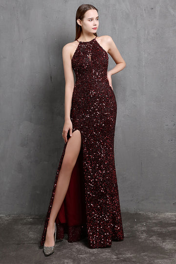Burgundy Sequin Long Evening Dress with Slit